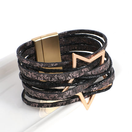 Amorcome Handmade Stars Pattern Leather Wrap Bracelet Multilayer Big Metal Charm Cuff Bangles Boho Magnetic Clasp 1