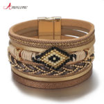 Amorcome Miyuki Evil Eye Leather Bracelets For Women Fashion Ladies Bohemian Wide Wrap Charm Bracelet Party