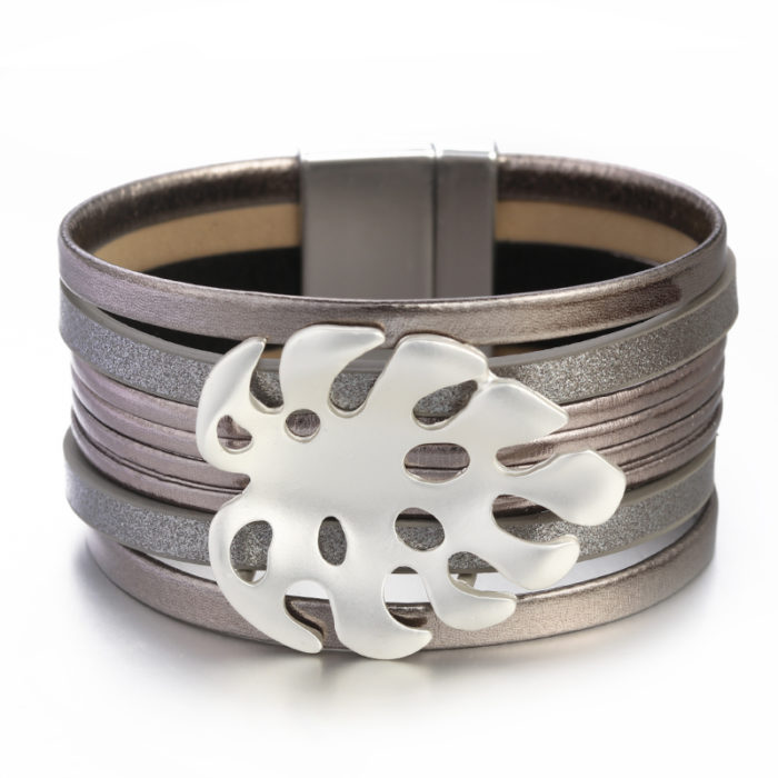 Amorcome Multi Strands Leather Wrap Bracelet For Women Big Geometric Charm Wide Cuff Bracelets Girl Women 5