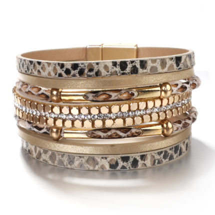 Amorcome Snakeskin Pattern Leather Bracelets For Women 2022 Trendy Metal Pipe Wide Multilayer Wrap Bracelet Female 1