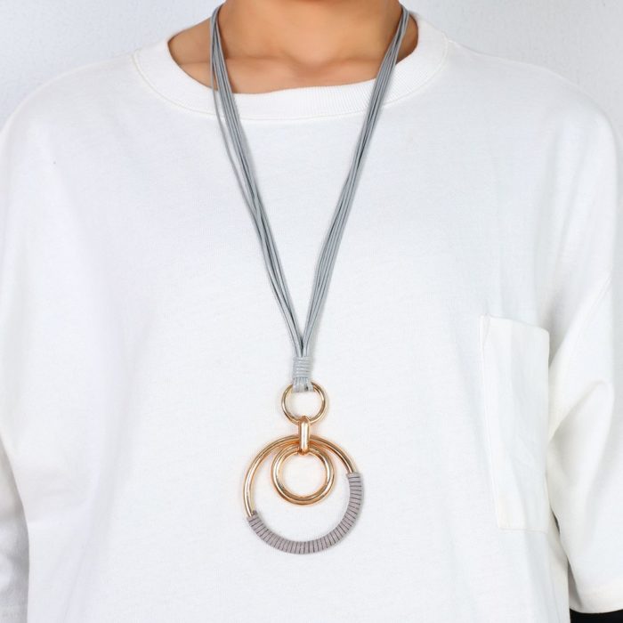 Amorcome Stylish Long Leather Necklace Women Pendant Large Double Circle Sweater Chain Necklace Boho Ladies Jewelry 2