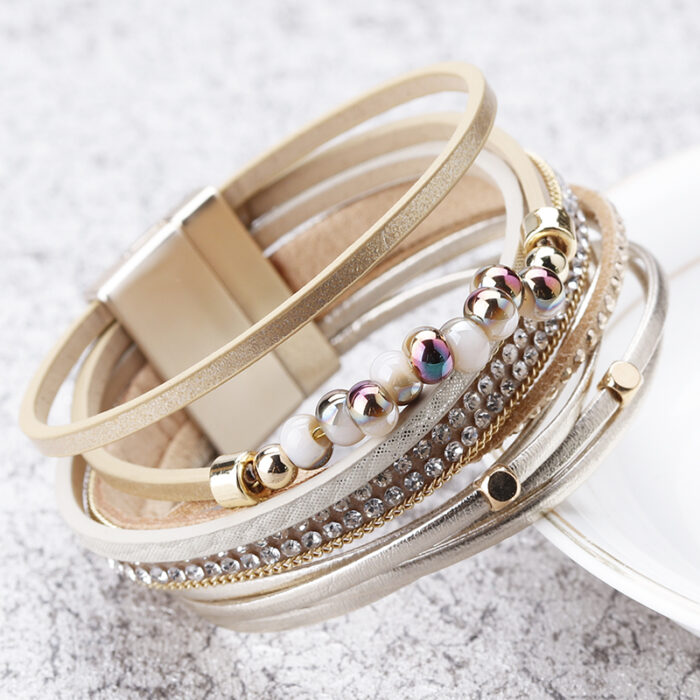 Amorcome Multilayer Leather Bracelets For Women Femme Crystal Metal Beads Charm Bohemian Style Bracelet Female Jewelry 2