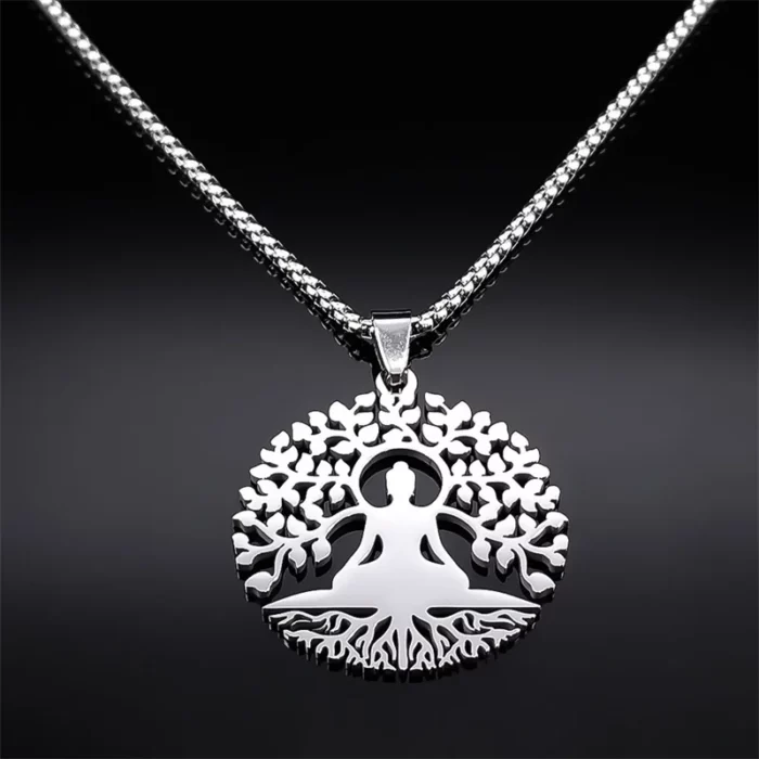 Buddhism Meditation Buddha Yoga Pendant Necklace Stainless Steel Tree Of Life Necklace Buddhist Jewelry Collares Para.jpg 